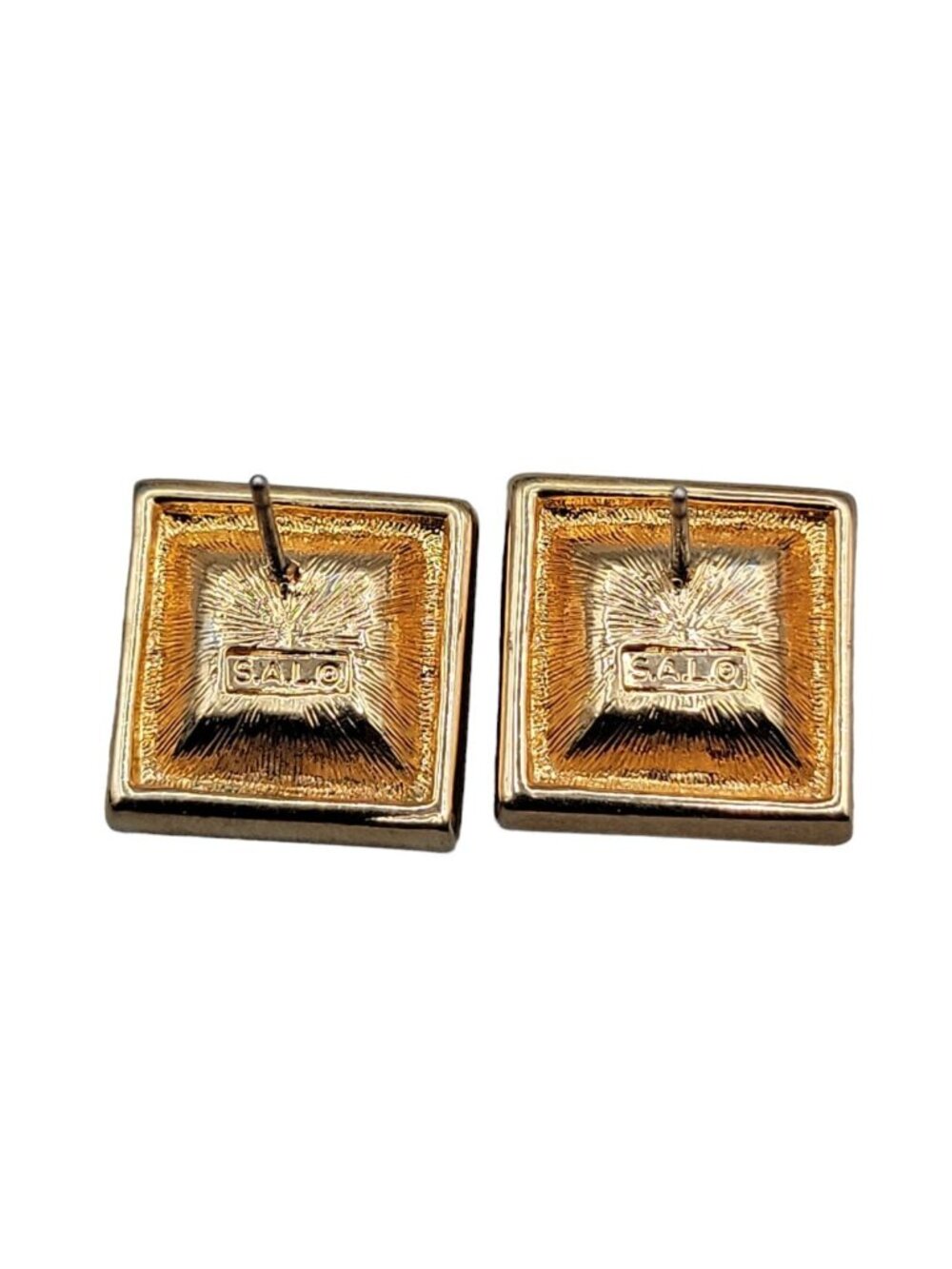 Swarovski Sal Signed Black Crystal Grid Square Post Earrings Gold Plated Studs - Picture 5 of 13